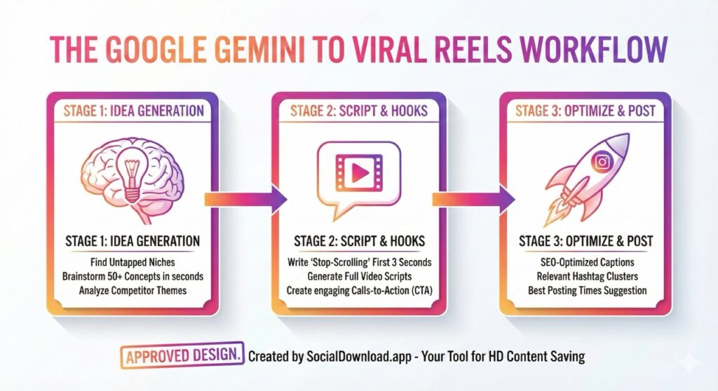 Infographic showing the 3-step workflow using Google Gemini AI to create viral Instagram Reels ideas scripts and captions
