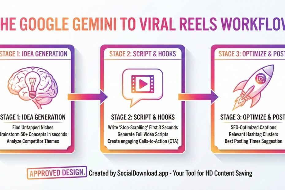 Infographic showing the 3-step workflow using Google Gemini AI to create viral Instagram Reels ideas scripts and captions